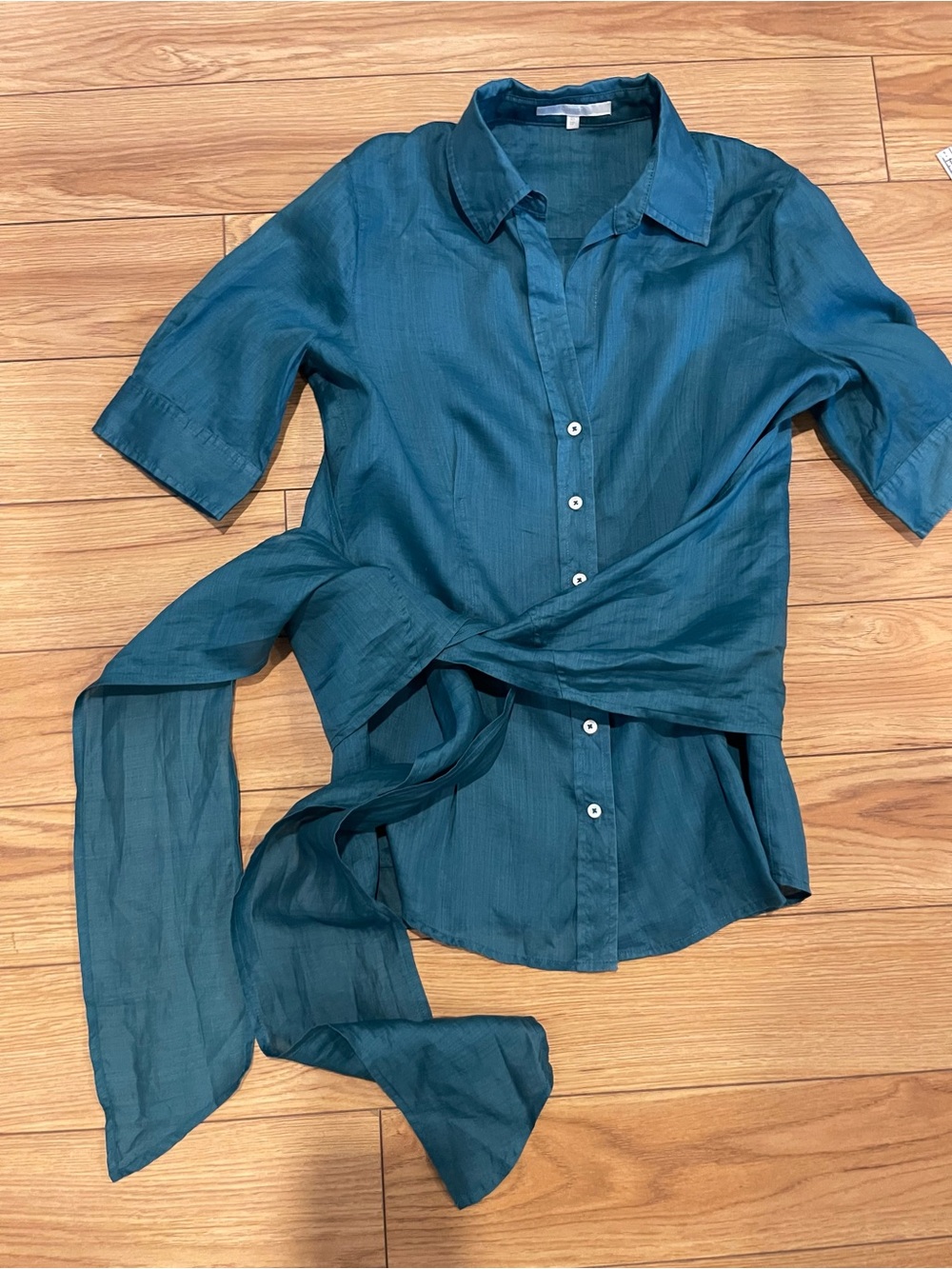 Cassis 100% Ramie Teal Button-Front removable Tie-Waist Blouse shortsleeves